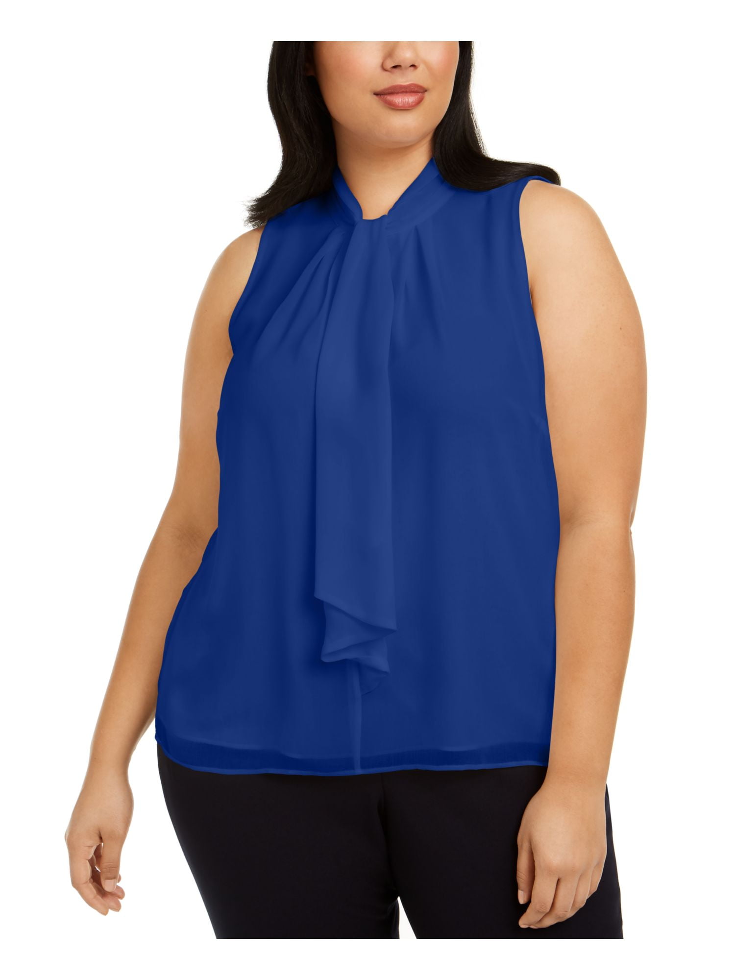 CALVIN KLEIN Womens Blue Ruffled Sleeveless Tie Neck Blouse Plus Size: 2X -  