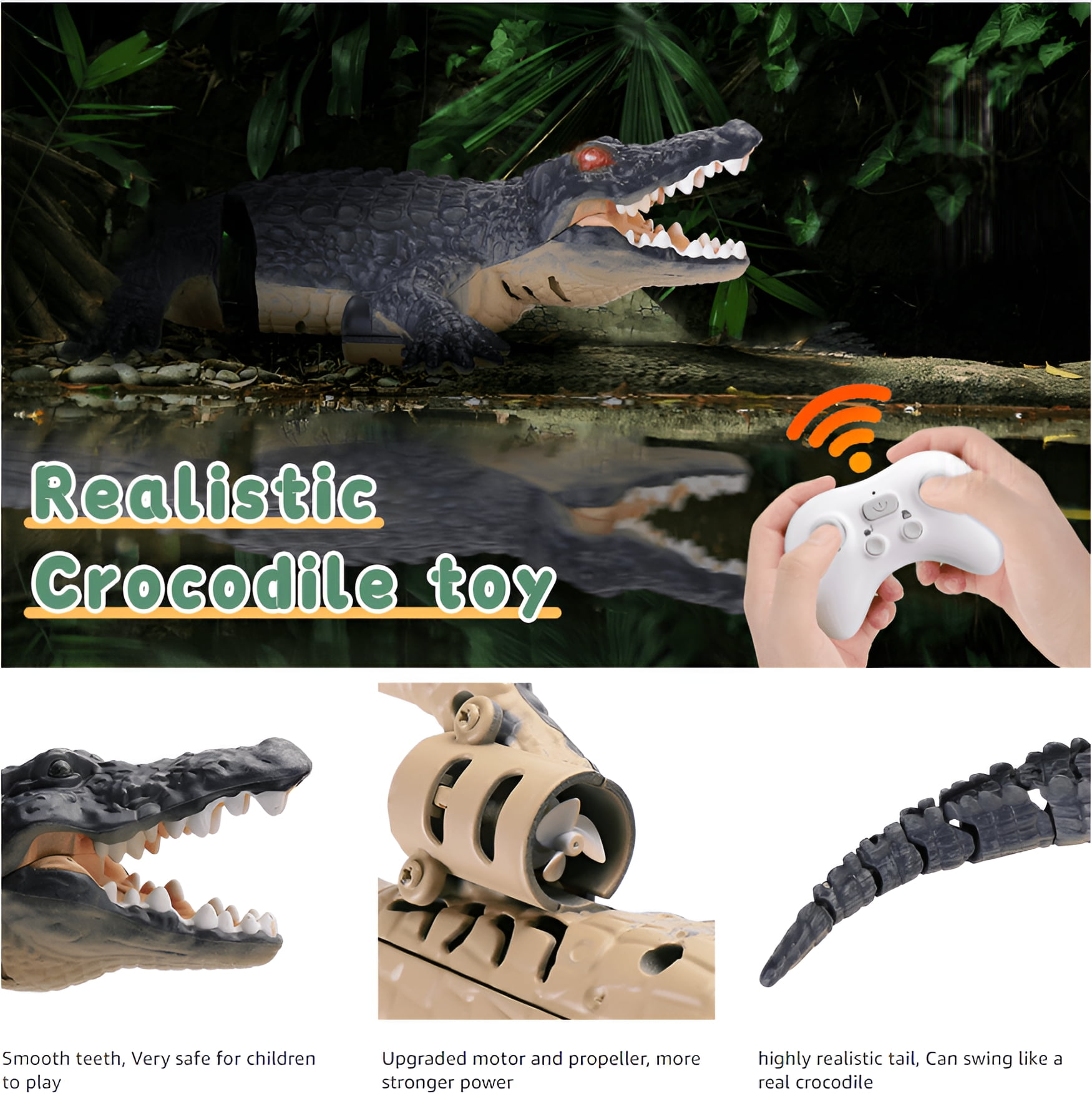 SSAWcasa 2.4GHz Remote Control Crocodile Toy, RC Crocodile with Glowing Eyes Simulated Alligator RC Boat Toys for Kids Aged 6+ (Black)
