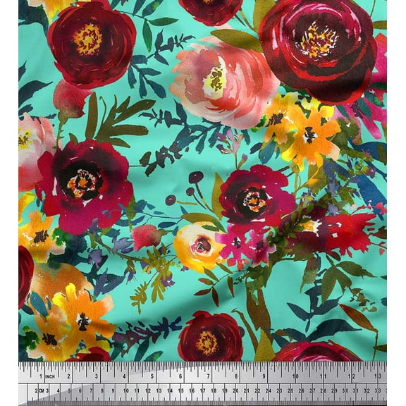 Soimoi Green Cotton Duck Fabric Leaves & Pink Floral Print Sewing Fabric BTY 42 Inch Wide