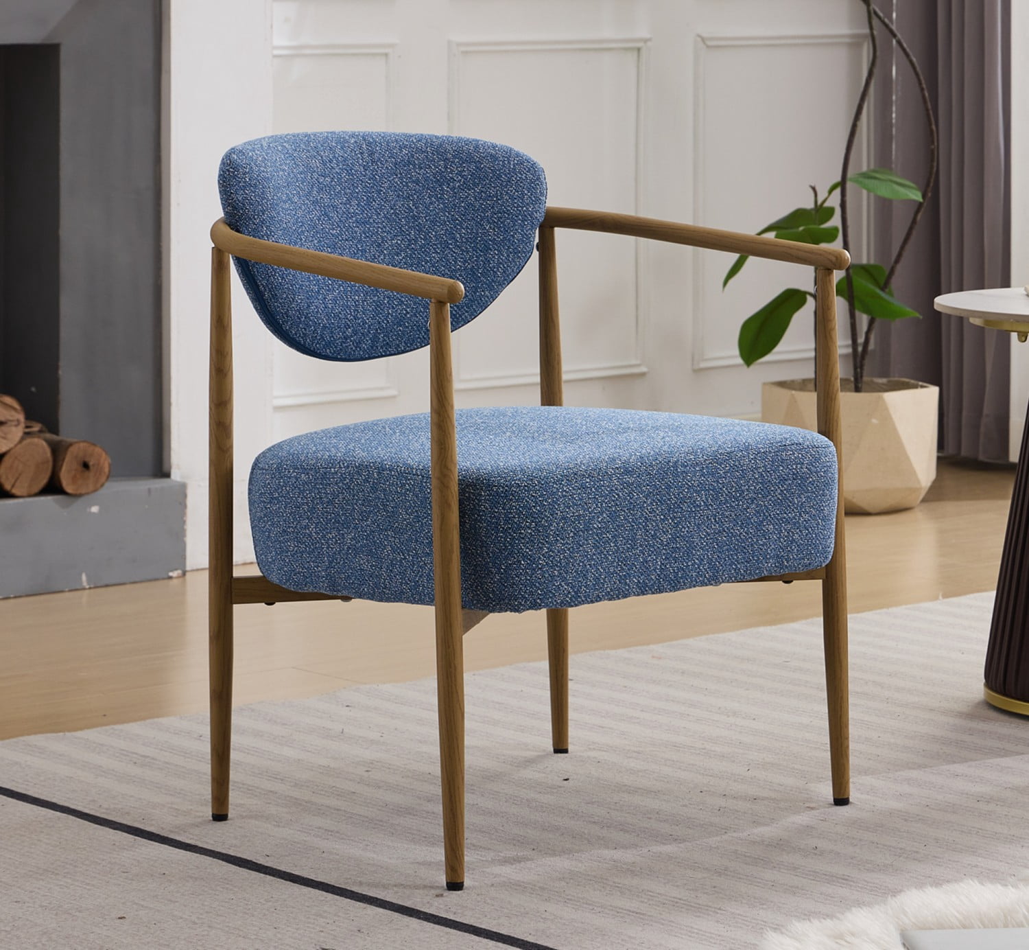 Blue Velvet Dining Chair Living Room Chair Upholstered Foam Seat Accent Chair with Metal Frame Wood Grain Water Transfer Finish for Bedroom Dining Room Cafe