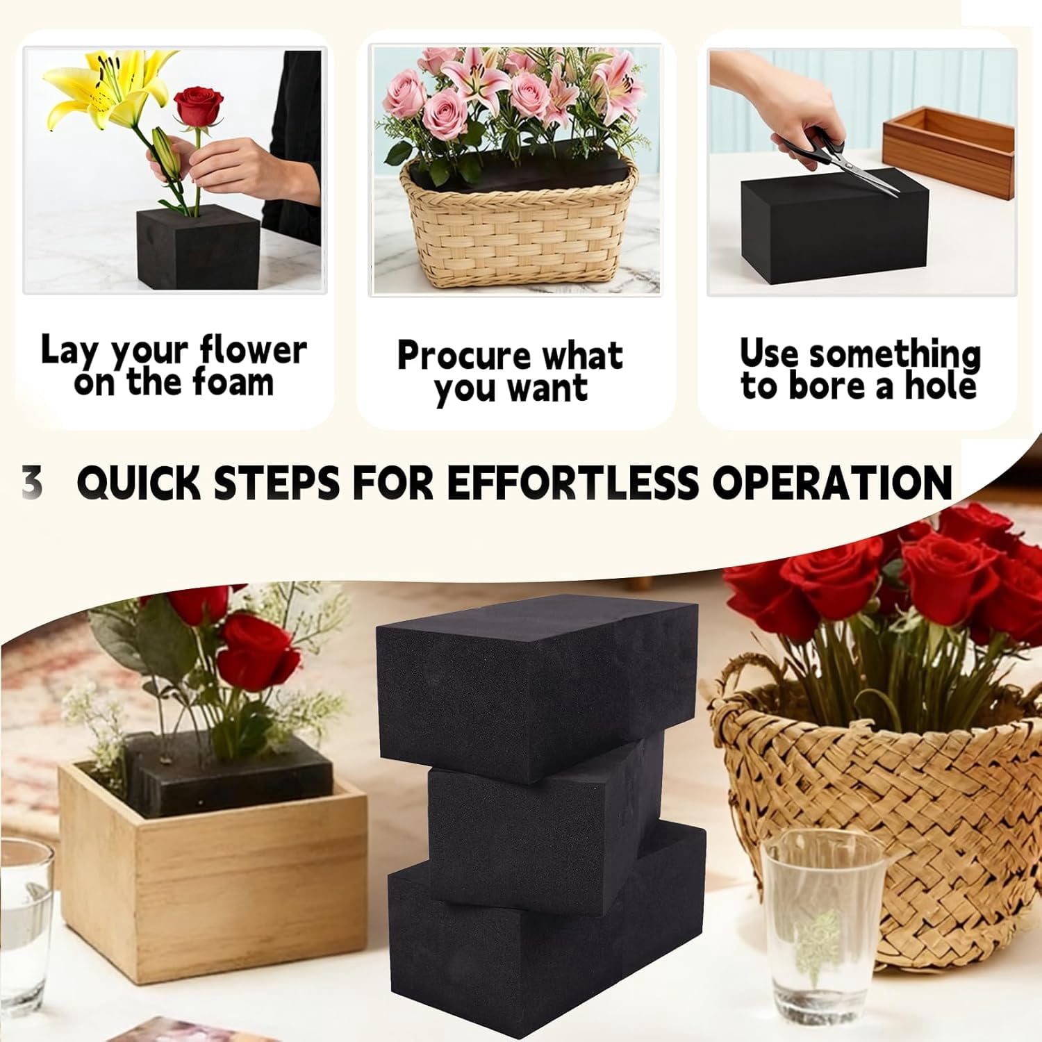 16 Piece Reusable Floral Foam Blocks black, 9 x 3 x 3 Inch, Water Resistant, for Artificial Flower Arrangements, Outdoor Planters, Wedding Decor