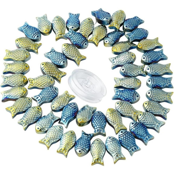 1 Box 50Pcs Fish Beads Bulk Blue Glass Sea Ocean Animal Double Sided Fishes Beads 15mm Small Shiny Frosted Electroplated Charms Elastic Thread for Jewelry Making DIY Beading Bracelets Crafts Colorful
