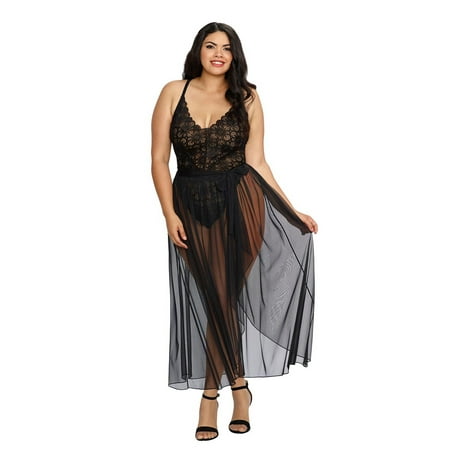 Plus Size Elegant Mosaic Stretch Lace Teddy and Sheer Maxi Skirt Lingerie