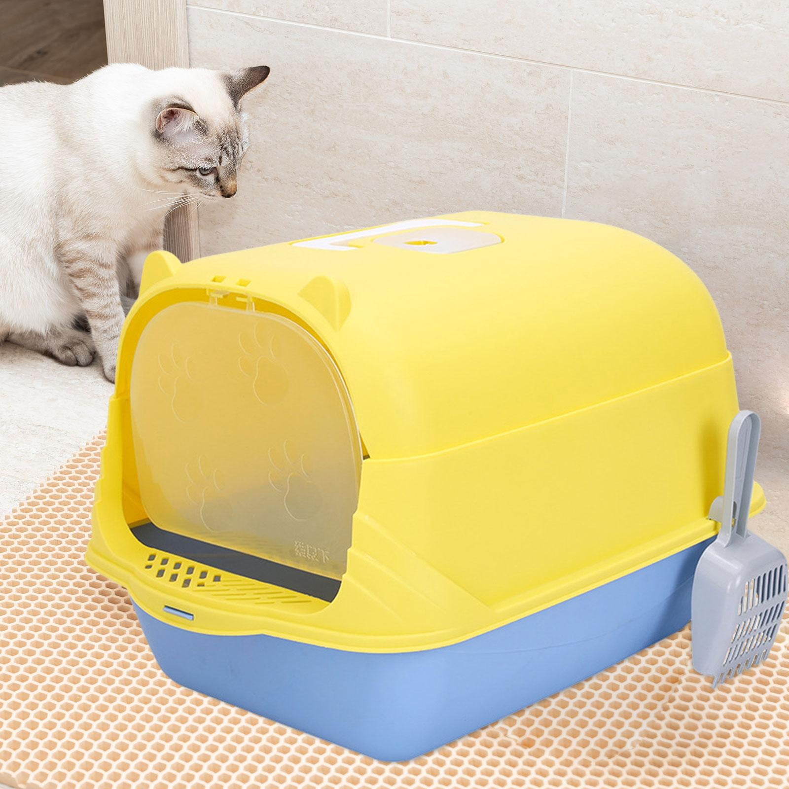 perfeclan Cat with Lid Enclosed and Covered Cat Toilet Anti Splashing Easy to Clean Kitten Potty Enclosed Yellow and Blue