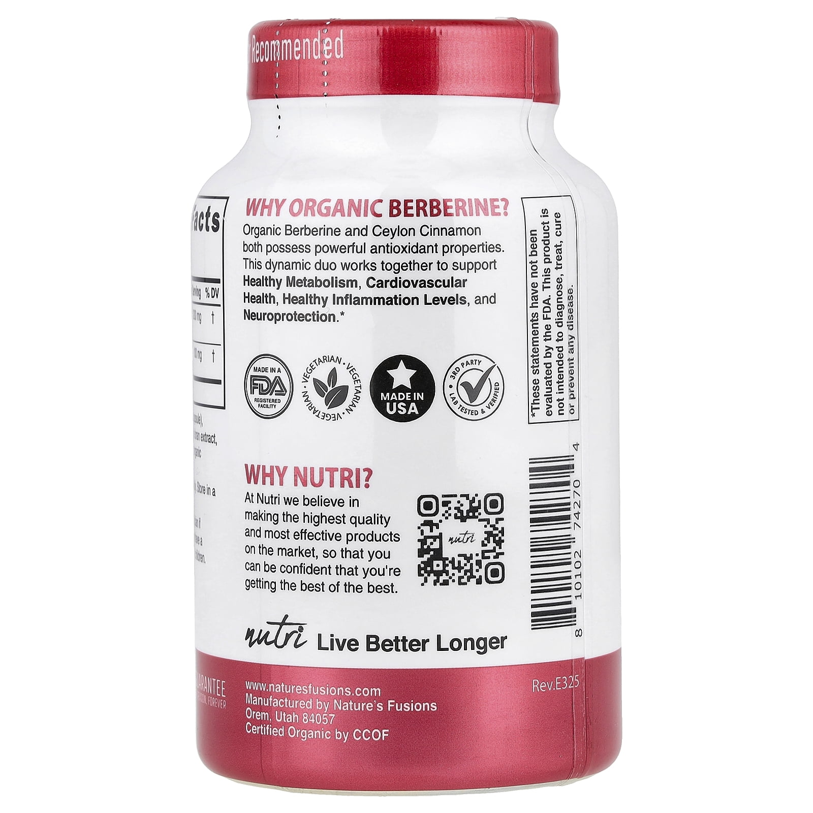 Nutri Organic Berberine+ Ceylon Cinnamon, 120 Organic Capsules