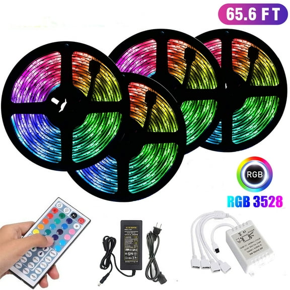 LED Strip Lights 65.6ft RGB LED Light Strips IR Remote Controller Color Changing Dimmable 3528 Flexible Tape Rope Lights for Bedroom Room Home Kitchen