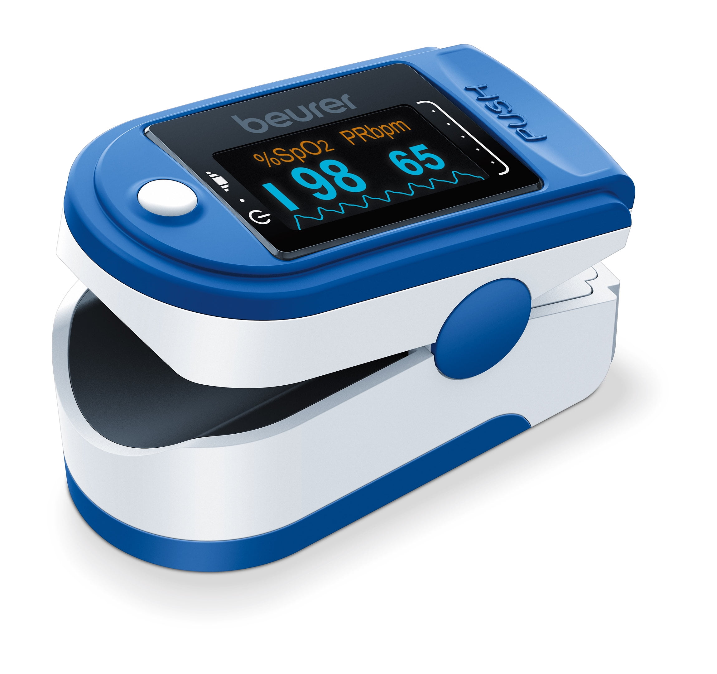 Blue Fingertip Blood Oxygen Monitor Portable Lightweight with Batteries and Lanyard for Adults and Children