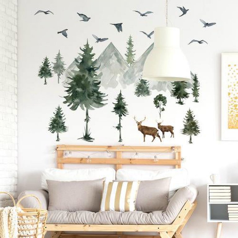 Mountain Wall Decals Large Pine Tree Wall Decals Peel and Stick Forest Tree  Deer Birds Animal Wall Decals Mountain Tree Wall Stickers for Kids Room Nursery  Decor 