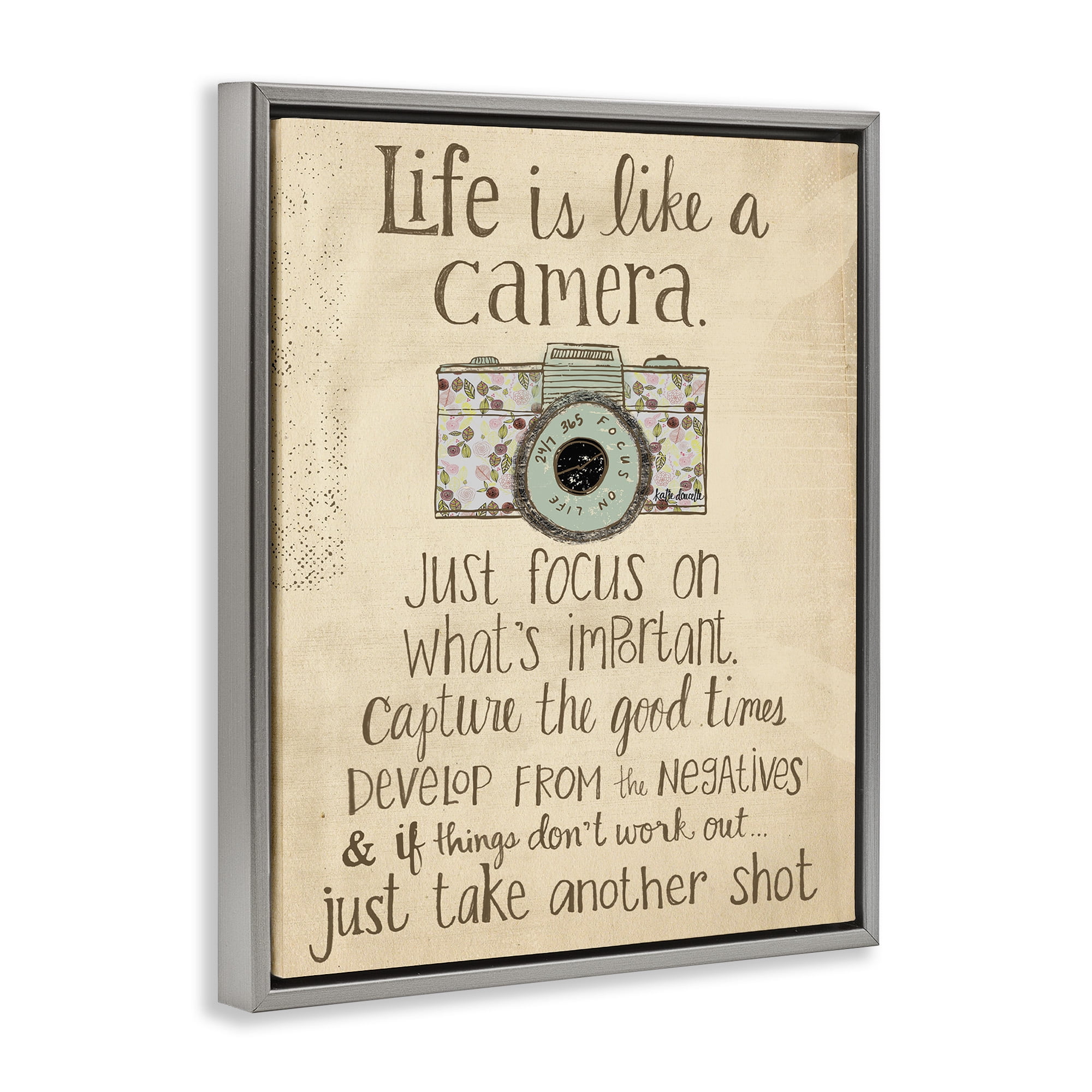 Stupell Industries Life Is Like A Camera Inspirational Jet Black Framed Floating Canvas Wall Art, 16x20, by Katie Doucette