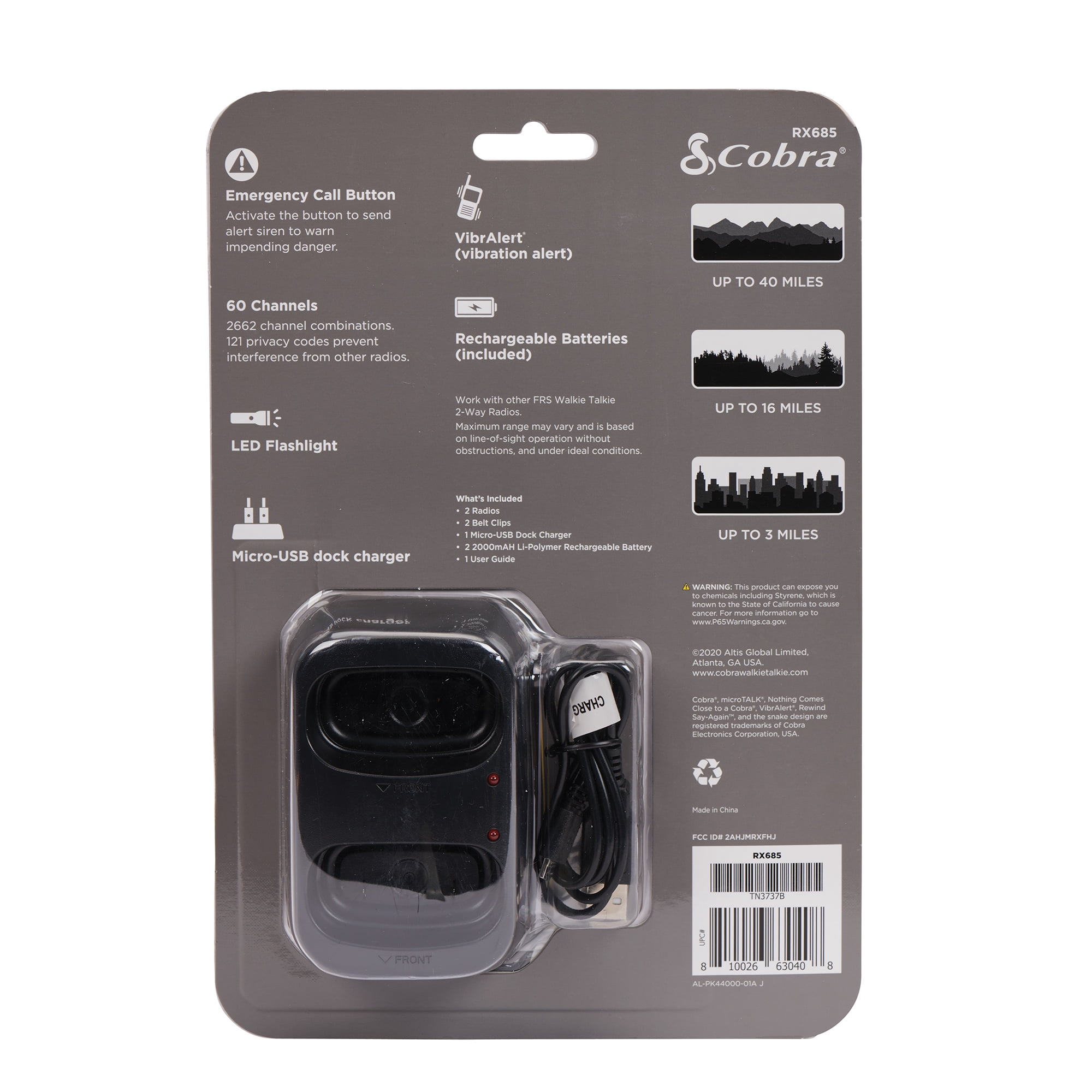 Cobra RX685 Walkie Talkies Pair, 40-Mile Range 2-Way Radios, IP54 Waterproof, NOAA Weather Alerts