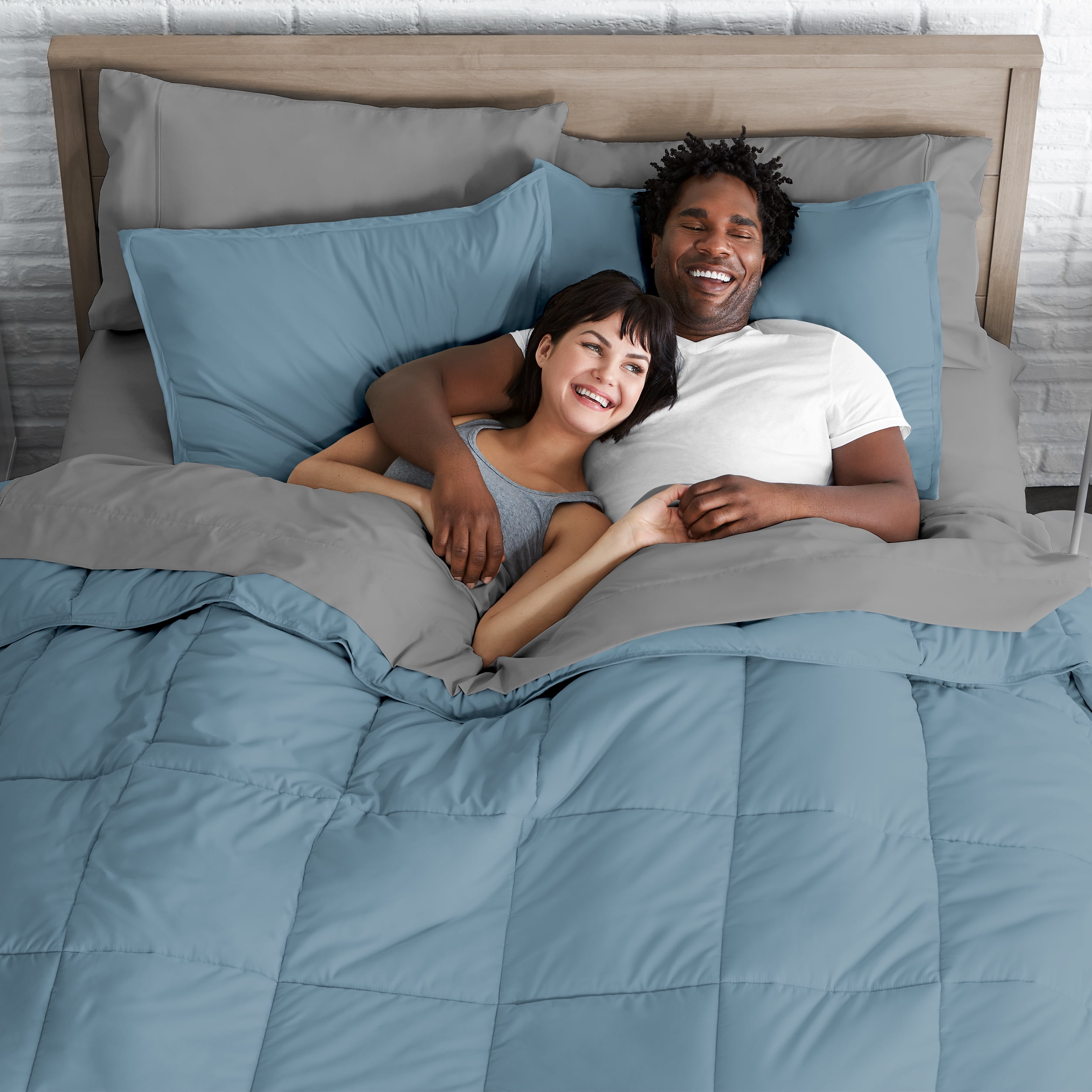 Bare Home Microfiber 8-Piece Coronet Blue and Light Gray Bed in a Bag, Split King