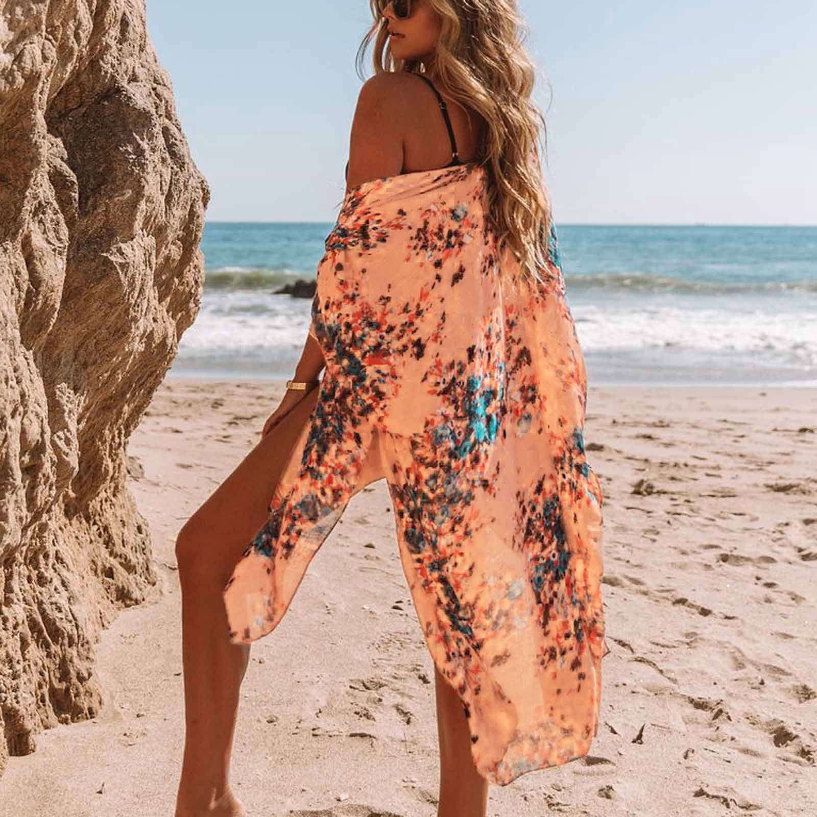 Women Print Chiffon Beach Kimono Cardigan Blouse Shawl Loose Top Outwear Casual Cardigan Coat Lightweight for Fall Winter