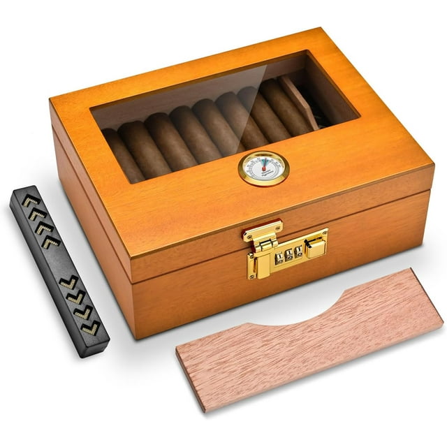 CIGARLOONG Cigar Humidor, cedar Wood Humidro with Front Hygrometer and Humidifier, Glass Top and Combination Lock Desktop Cigar Box