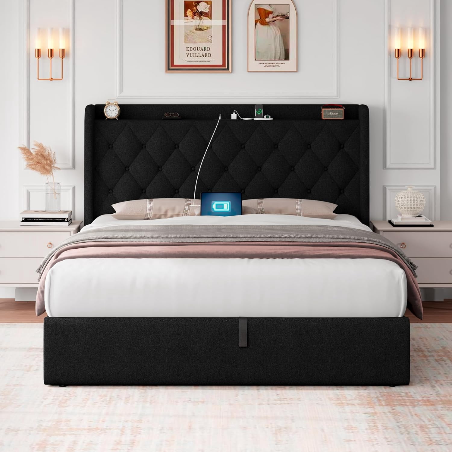 iPormis Queen Lift Up Storage Bed Frame with Charging Station, Upholstered Platform Bed Frame with Velvet Headboard, Hydraulic Storage,Black