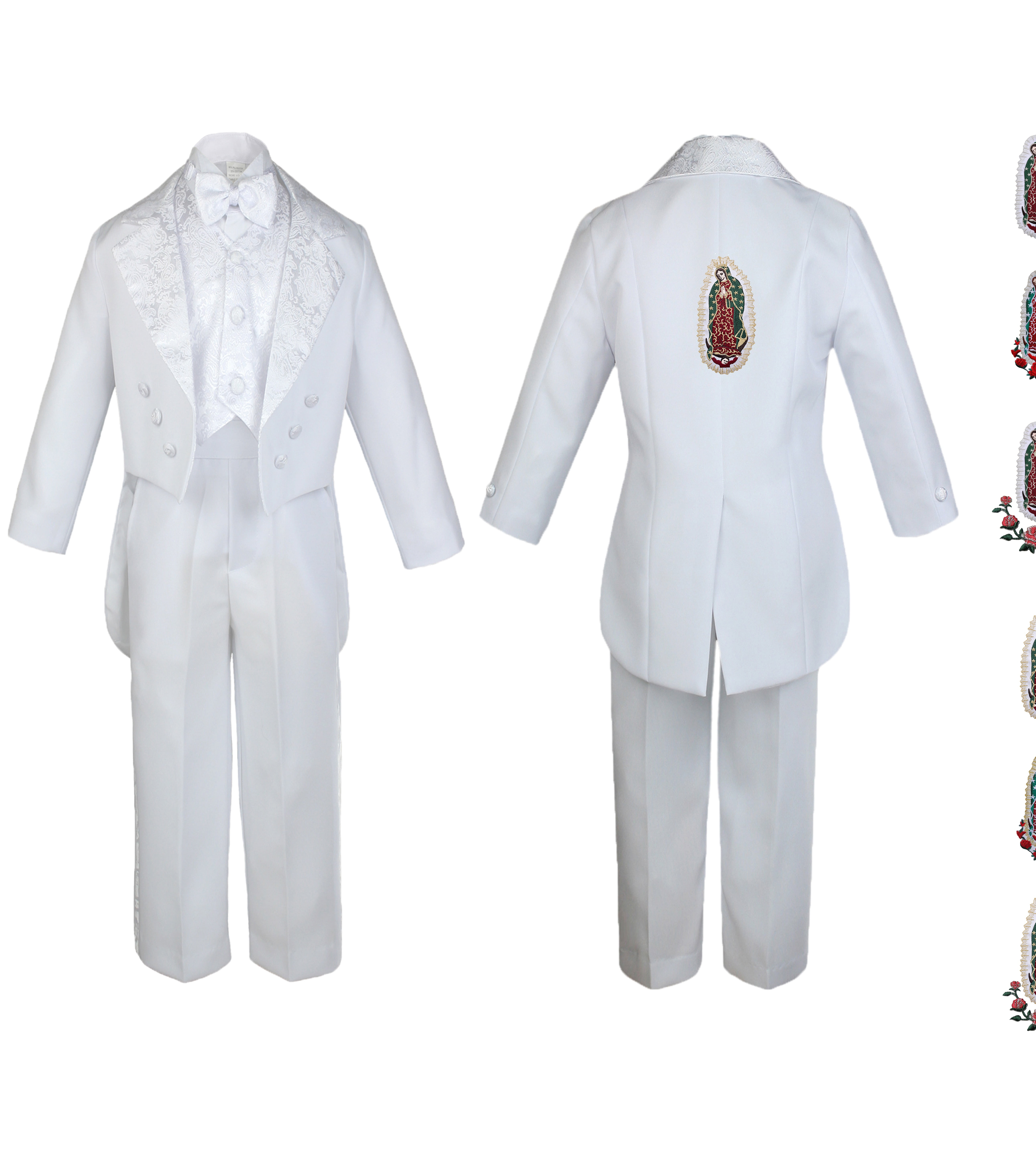 Unotux Baby Boy Christening Baptism White Tail Suit Silver Guadalupe On Back SM-20