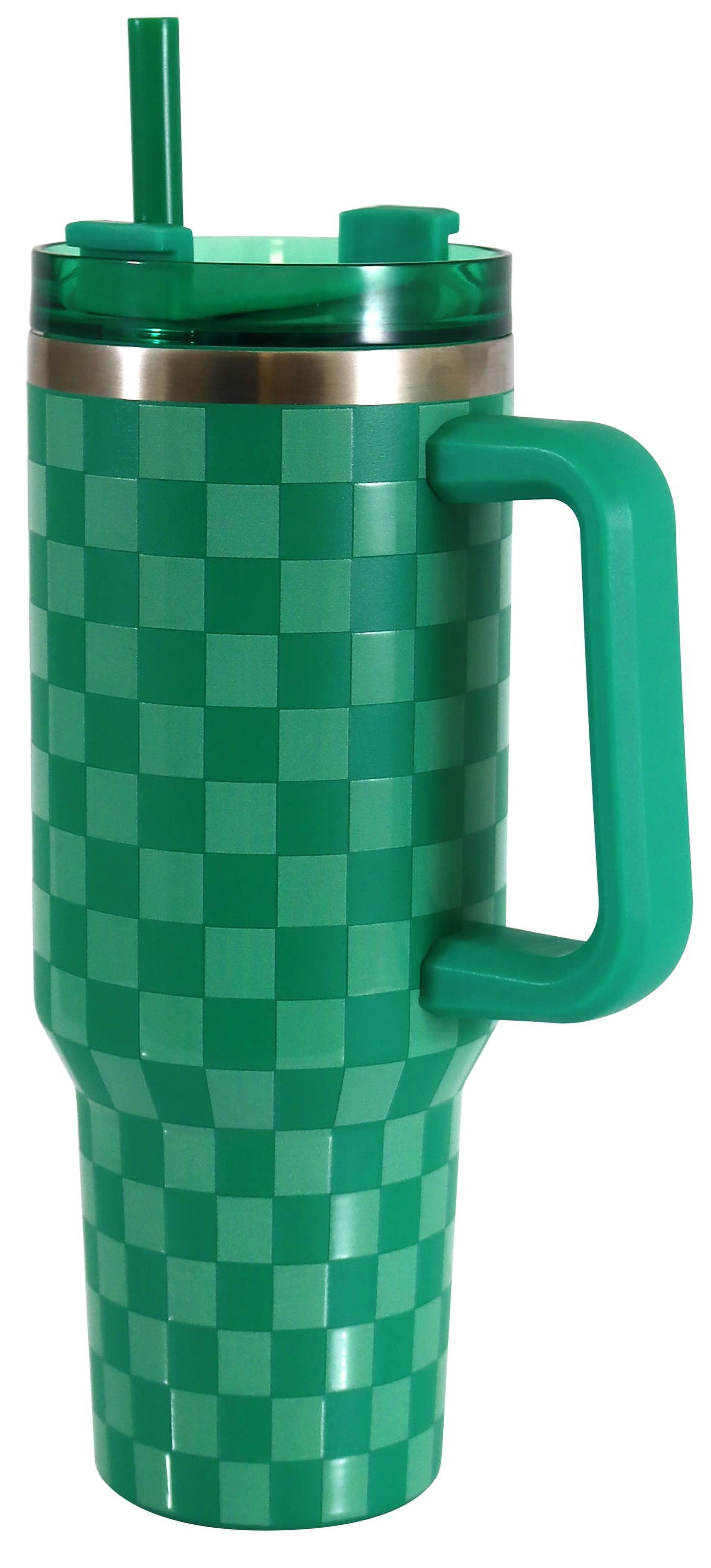 Mainstays 40 oz Stainless Steel Tumbler with Straw and Handle, Double Wall Insulated, Green Check