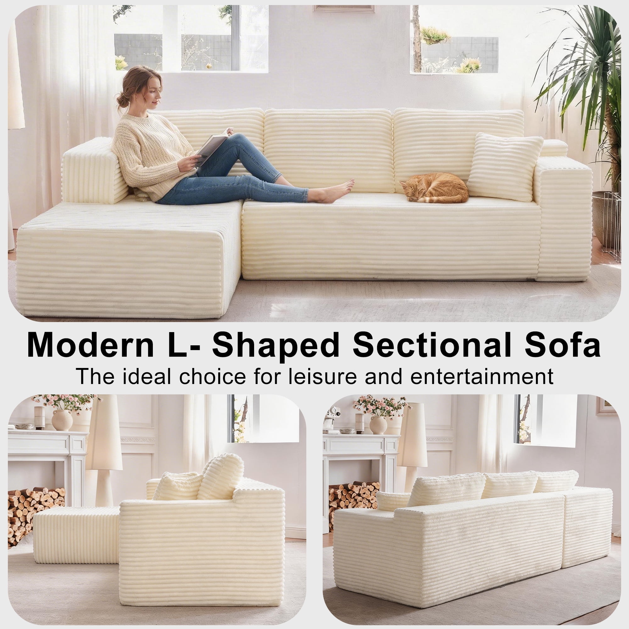 Actoroom 106" Modular Sectional Couch, L-Shape Boneless Cloud Couch, 4 in 1 Convertible Upholstered Sofa for Living Room Small Space, White