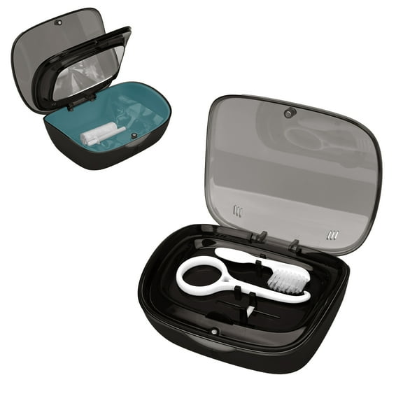 DODAMOUR Double Layer Retainer Case with Mirror, Portable Retainer Storage Case, Mouth Guard Case with Removal Tool, Cleaning Brush, Belt Chewing (Black)