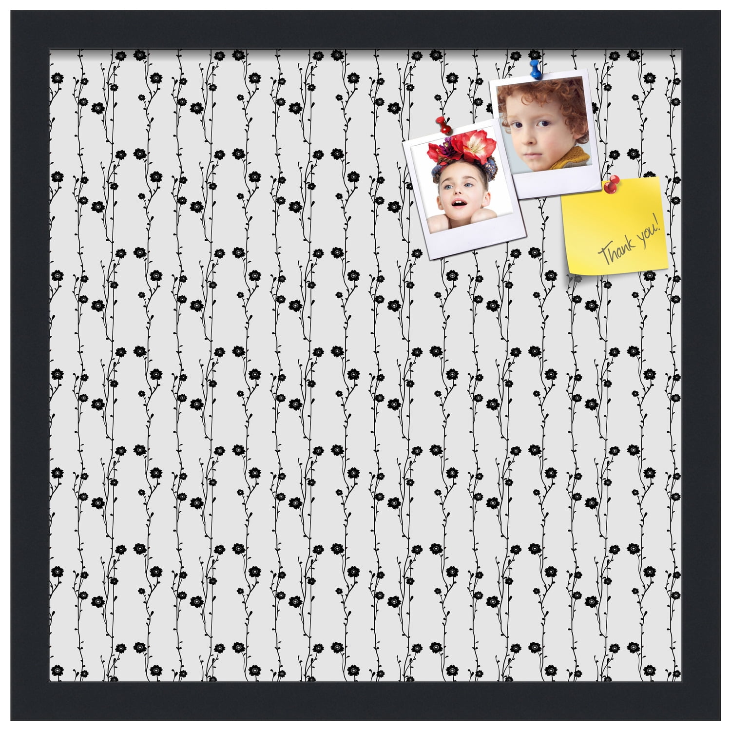 PinPix 16x16 Custom Cork Bulletin Board Floral Design Black Floral Poster Board Has a Fabric Style Canvas Finish, Framed in Floral Design Black Floral, by ArtToFrames (PinPix-207)