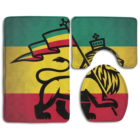 GOHAO Judah Lion Rastafari Flag King Jungle Reggae Theme 3 Piece Bathroom Rugs Set Bath Rug Contour Mat and Toilet Lid Cover