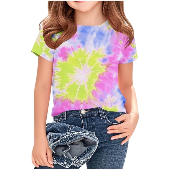 BFHHYA Kids Boys Girls Tie Dye Shirt Casual Round Neck Short Sleeve T-Shirts Teens Loose Summer Tops Size 4-16 Years