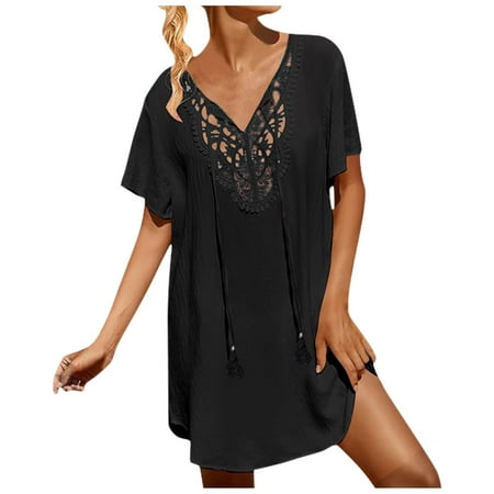 Bmisegm Womens Swimsuit Coverup Lace Crochet V Neck Bathing Suit Cover up Dress Beach Cover Ups for Swimwear Summer Sexy Womens Bikini Black XXXXL