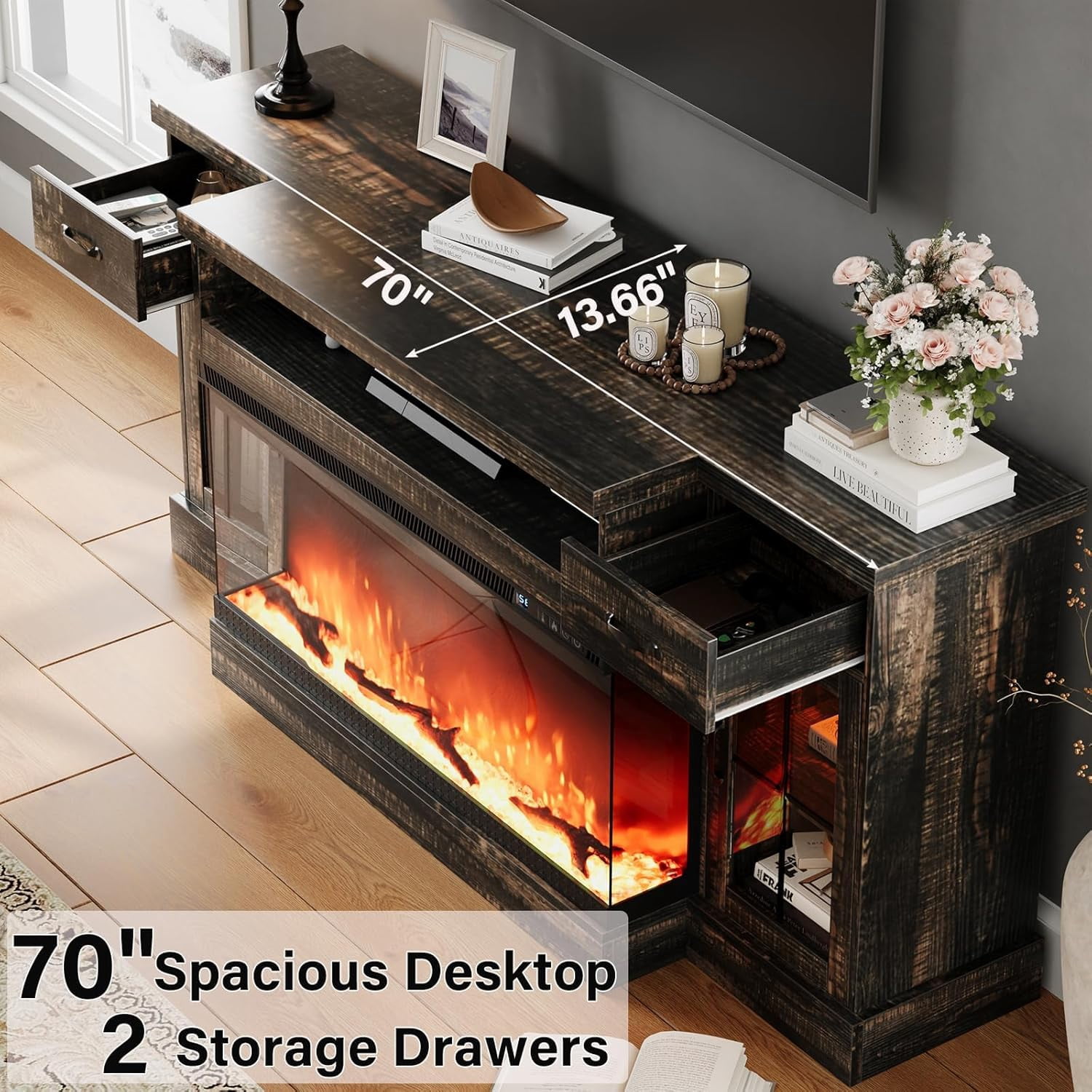DreamCurship Fireplace TV Stand for TVs up to 80", Farmhouse TV Stand with Electric Fireplace, Glass Door Entertainment Center with Led Light, Media Console Table for Living Room, Oak