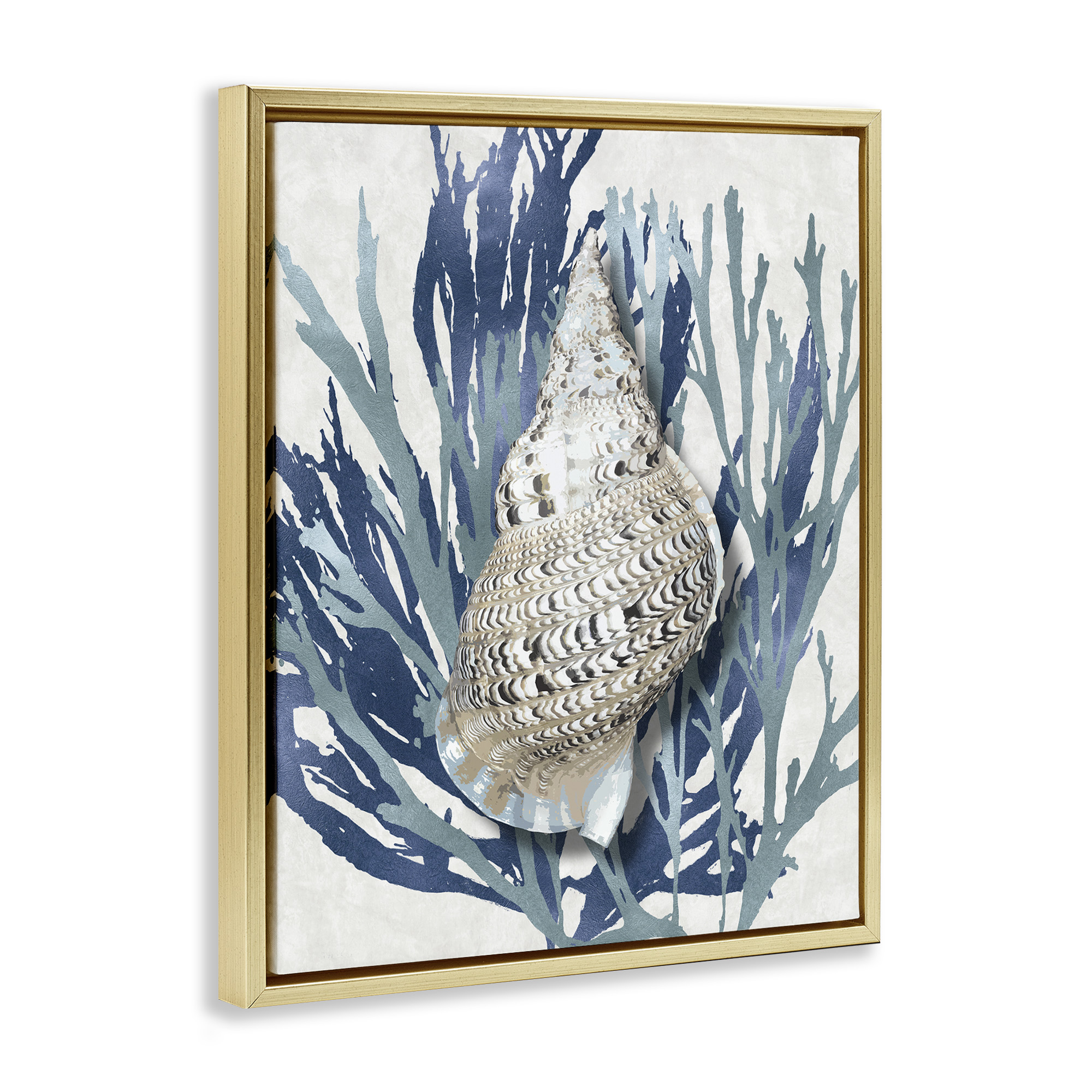 Stupell Industries Shell Coral Blue Beach Design Nature Painting Gold Floater Framed Canvas Art Print Wall Art, 17 x 21
