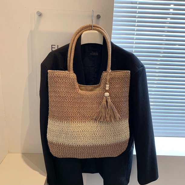Bolso de hombro para mujer con borlas en color de contraste tejido de paja para fiesta (caqui)