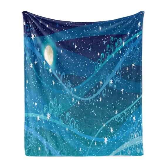 Starry Night Soft Flannel Fleece Blanket, Night Sky with Full Moon Astronomy Theme Dots Stripes Swirls Pattern, Cozy Plush for Indoor and Outdoor Use, 50" x 60", Blue Navy Blue White, by Ambesonne
