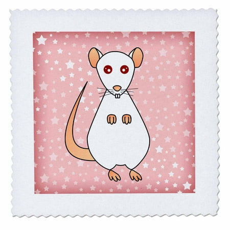 3dRose Cute White Red Eyes Rat Pink Star Background - Quilt Square, 10 by