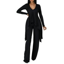 VBARHMQRT Female Dressy Pant Suits Plus Size Womens Fashion Casual Long Sleeve V Neck Irregular Two Piece Set Black Pants Suit for Women Dressy Plus Size Pants Set Women Plus Size