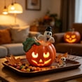 thumbnail image 6 of Vintage Hand Painted Light Up Pumpkin Ornament, Single LED Desktop Lantern, Retro Table Decor for Fall Bedroom, Holiday Mantel Layout, 6 of 8