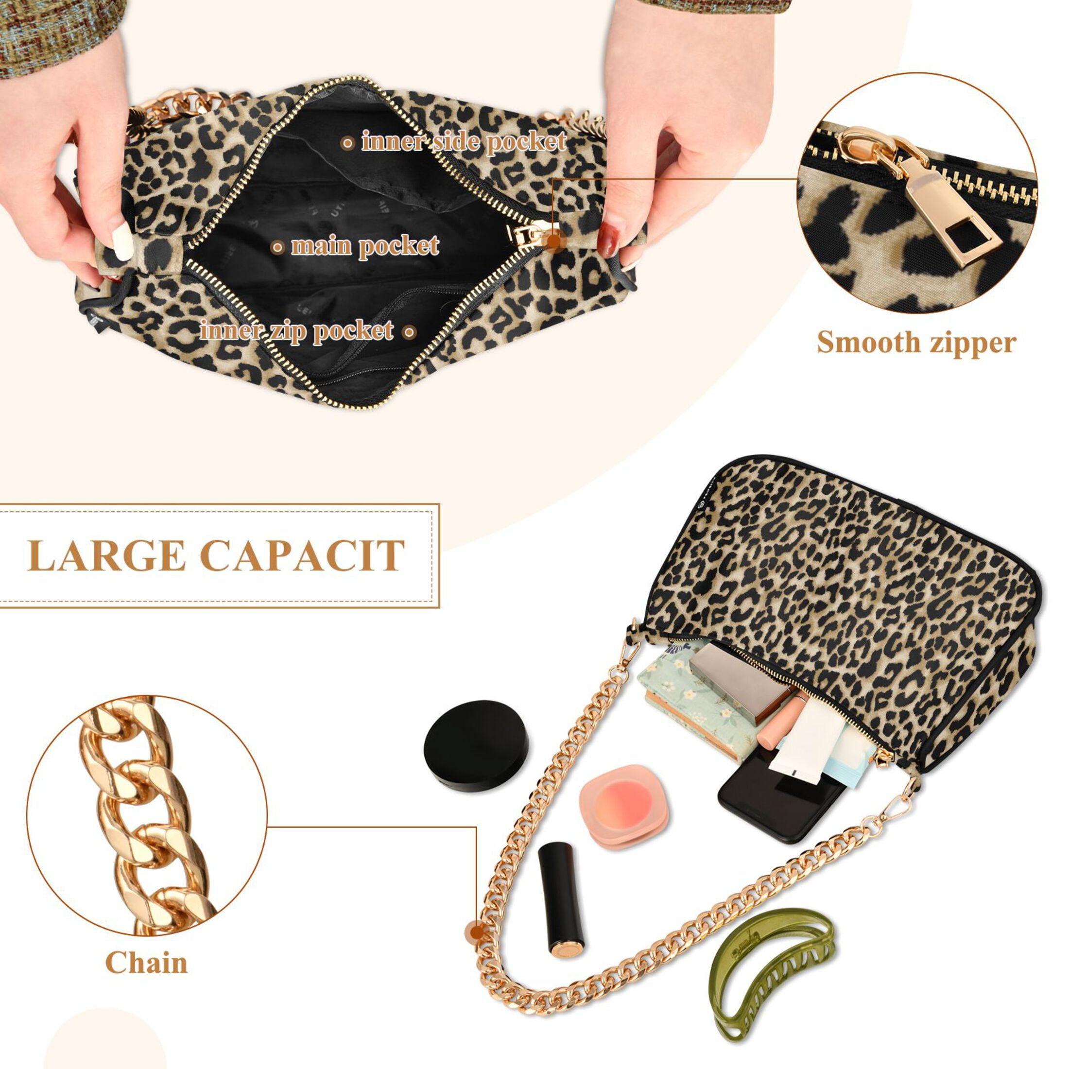 Leopard Animal Cheetah Womens Chain Shoulder Bag Tote Handbag Clutch Hobo Purse with Zipper for Travel Casual