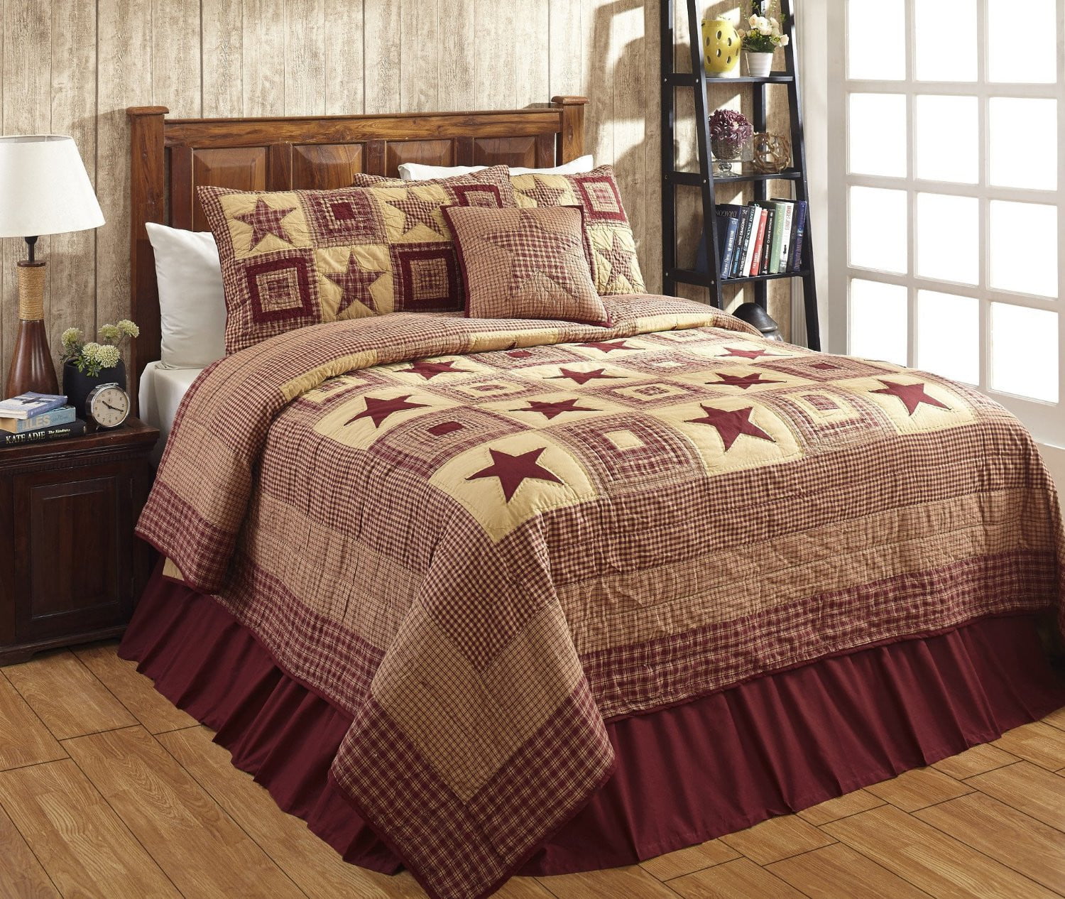 Evelyn Wine King Quilt Country Farmhouse Burgundy Golden Tan Star Patchwork
