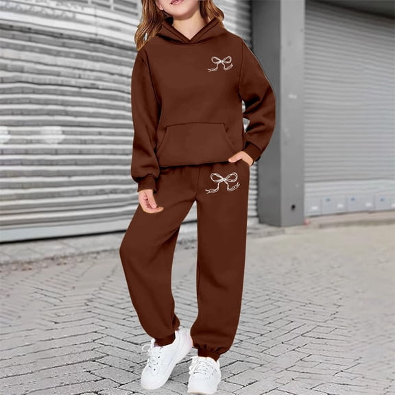 Uobin Girls Bow Print Hoodie & Jogger Pants 2 Piece Outfit Set Fashion Trendy Casual Matching Tracksuit for Kids Age 2-13 Years