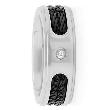 Men's Stainless Steel 8MM Double Cable Diamond Accent Wedding Ring Band