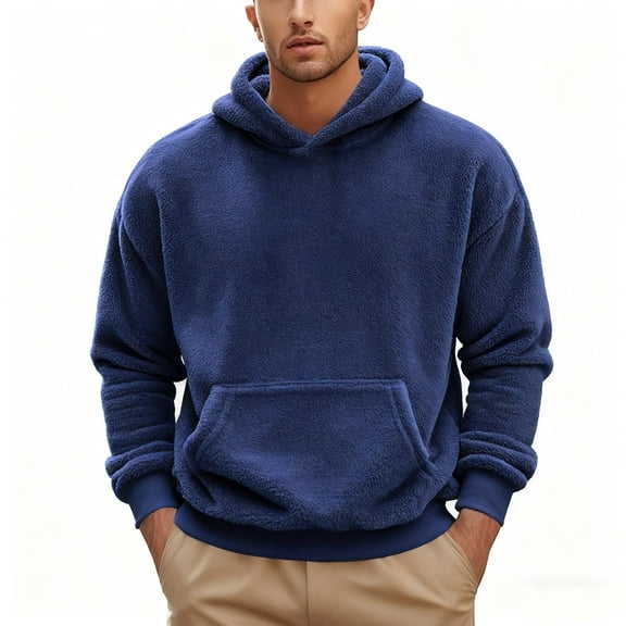 HAiming Fuzzy Fleece Hooded Sweatshirt for Men Casual Long Sleeve Warm Pullover Tops Clothes with Pocket