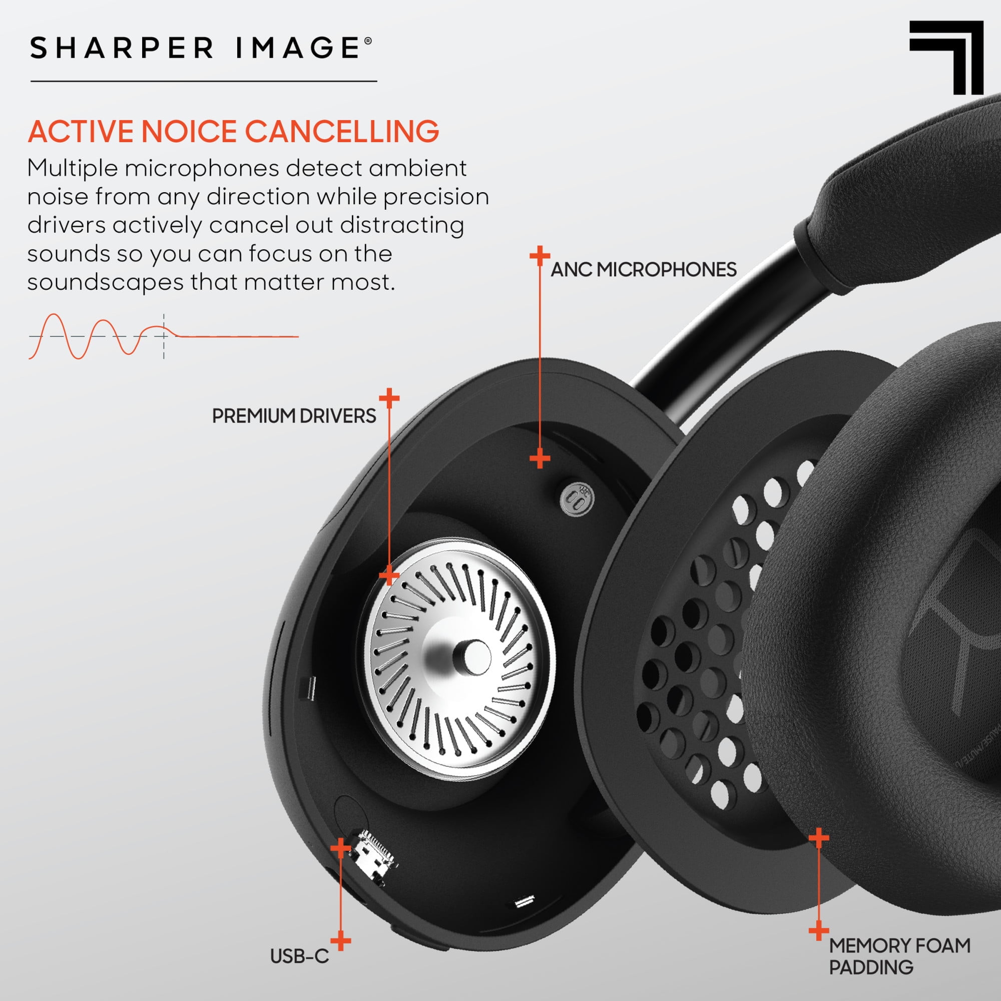 Sharper Image® SoundHaven® Wireless over-Ear Bluetooth Headphones, Noise Cancellation, Black