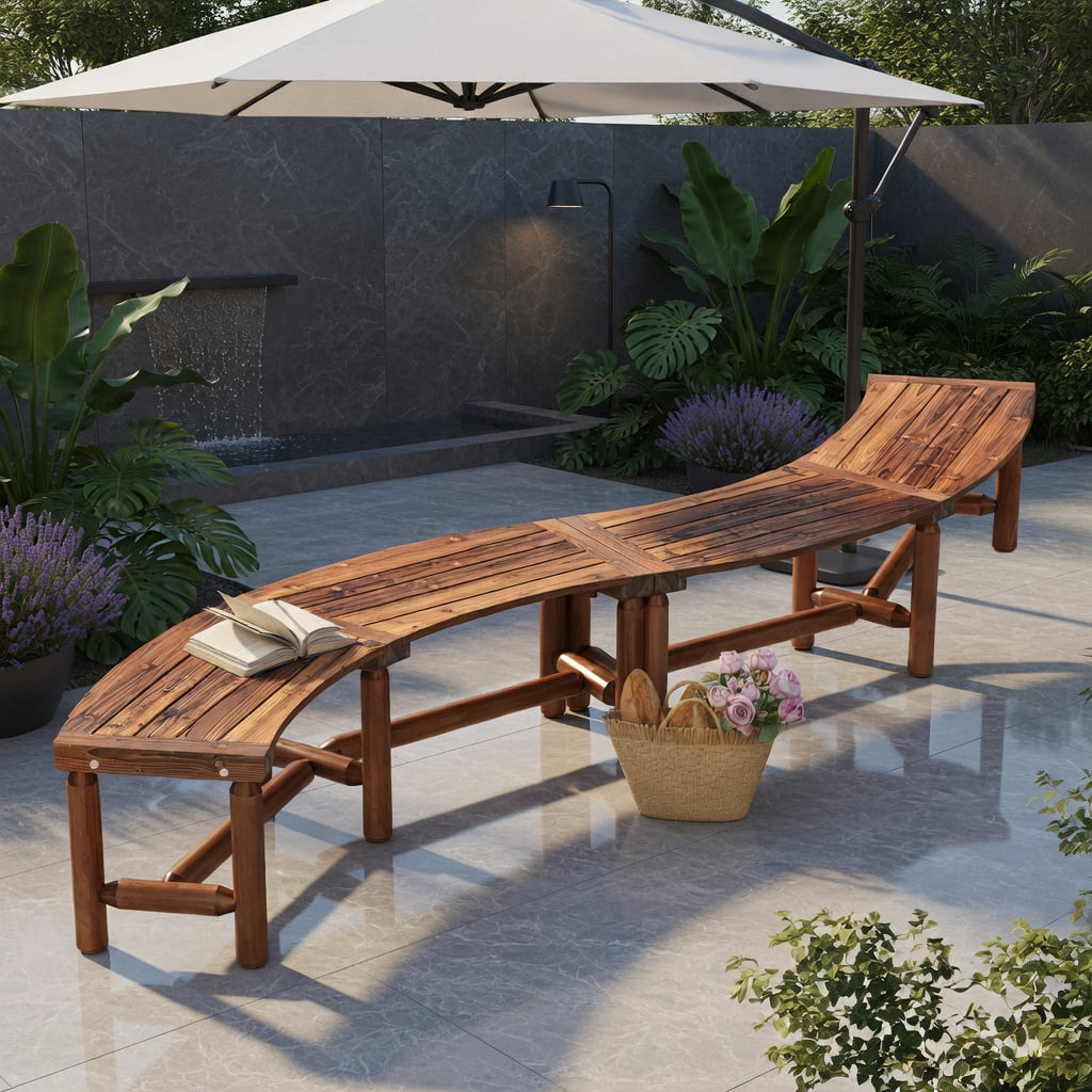 Hommoo Solid Pine and Fir Wood Curved Outdoor Fire Pit Bench, Backless Patio Loveseat for Garden, Backyard, Poolside, Rustic Brown
