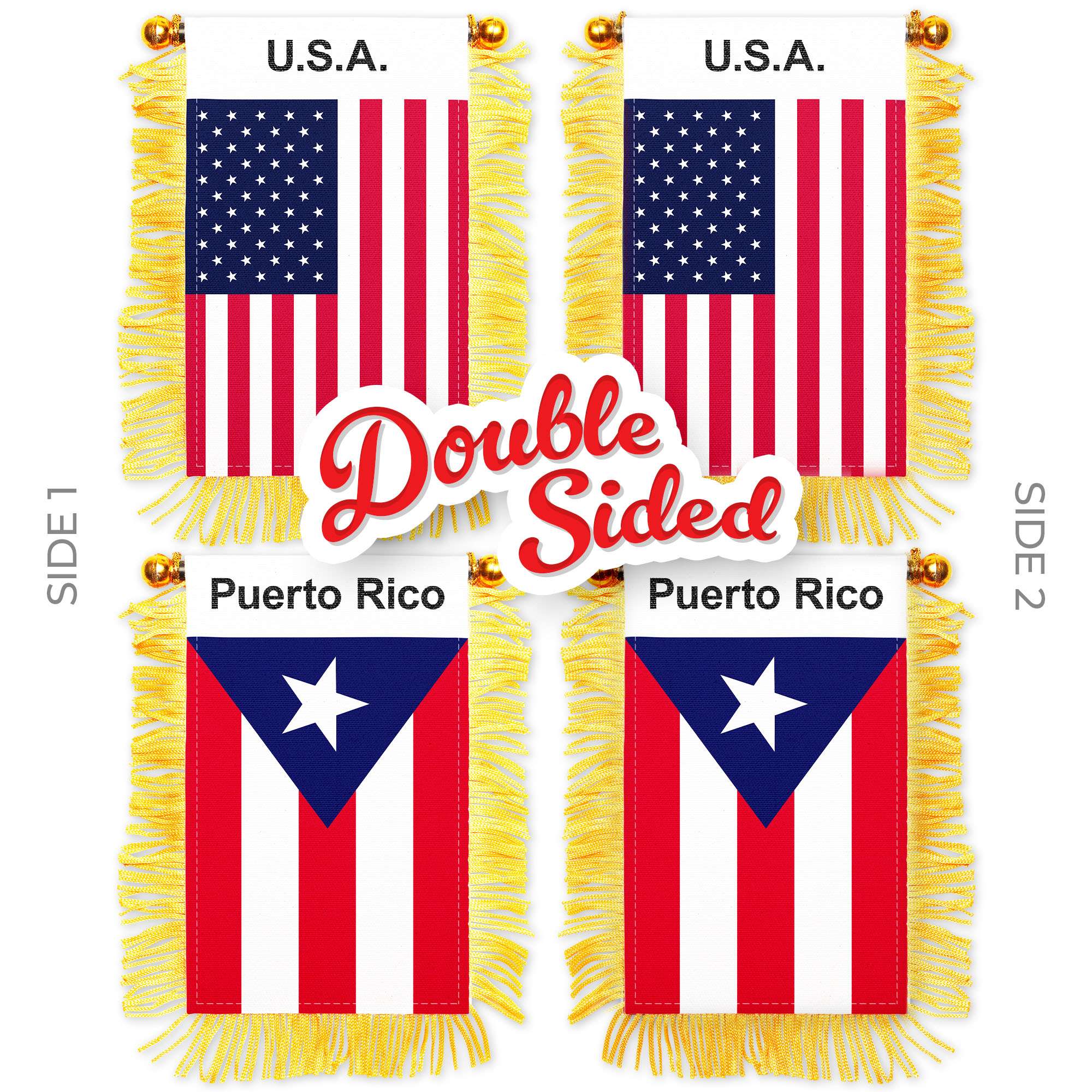 G128 Combo Pack: American USA & Puerto Rico Fringy Flag Double Sided 3x5 In | Both Fringy Hanging Flag with Suction Cup