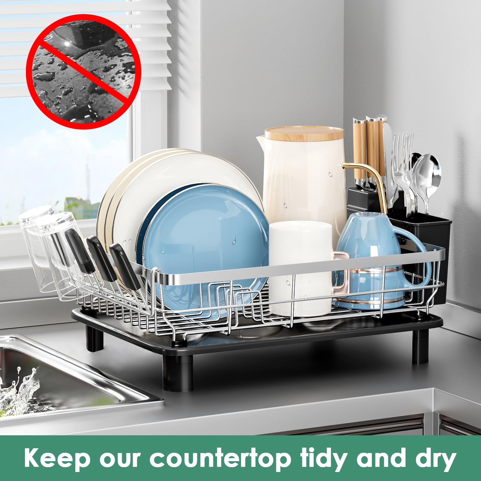Dish Drying Rack  Stainless Steel Racks For Kitchen Counter Drainer With Removable Utensil Holder Drainboard (black 13''w X 17''l)