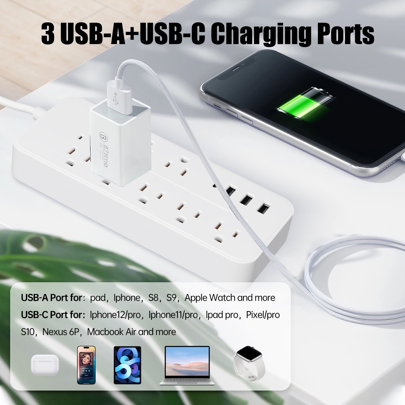 8-Outlet Surge Protector Power Strip with 3 USB (1 USB-C), 4ft Flat Plug, 1250W/1700J, Switch for Office/Dorm, White