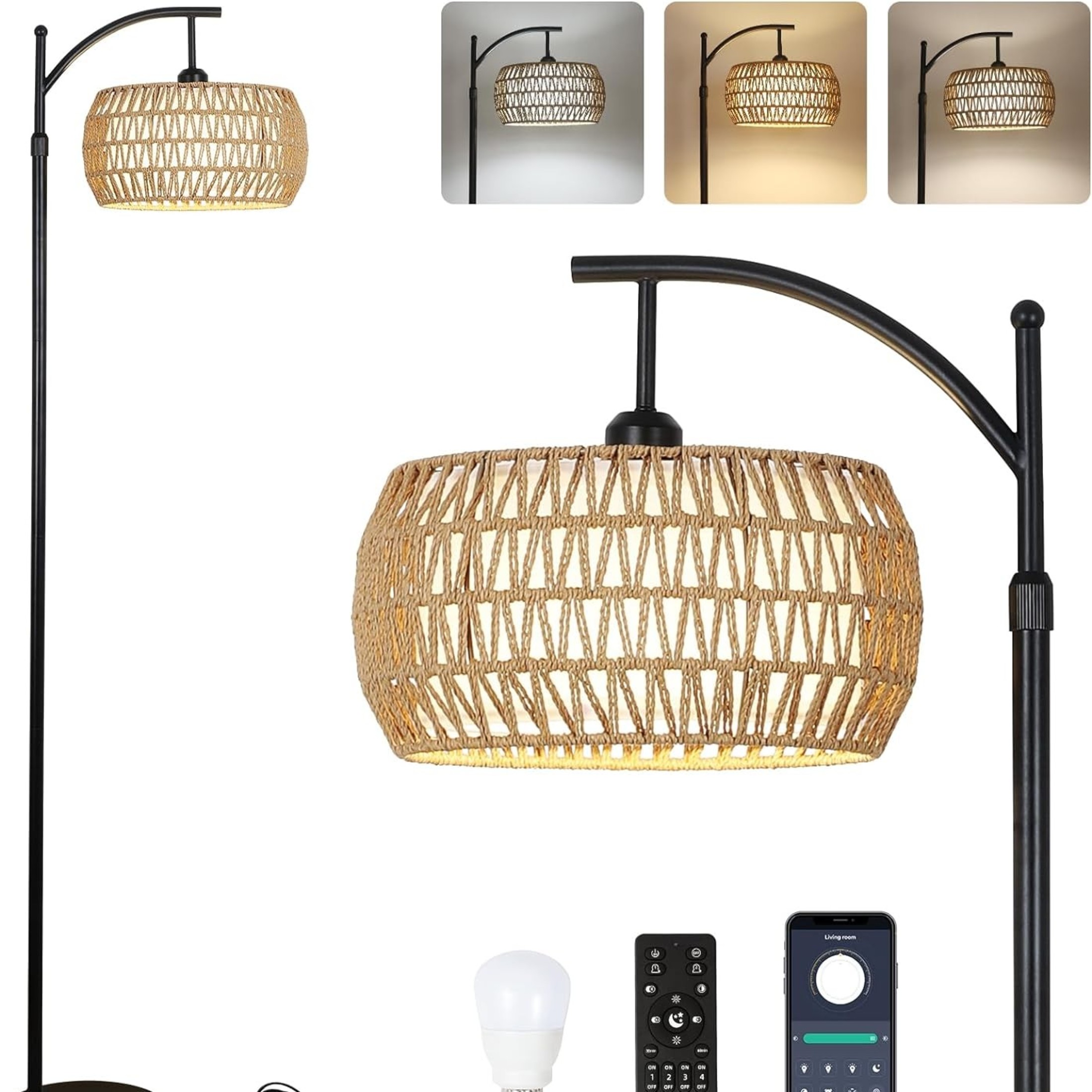 Noble House Modern Rattan Floor Lamp, Remote Dimmable, Adjustable Tall & Color Temperatures, Arc Drum Shade, Black