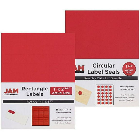 JAM Paper Mailing Labels, Combo Set, 1 x 2 5/8 Rectangle & 1 2/3 Circular, Red