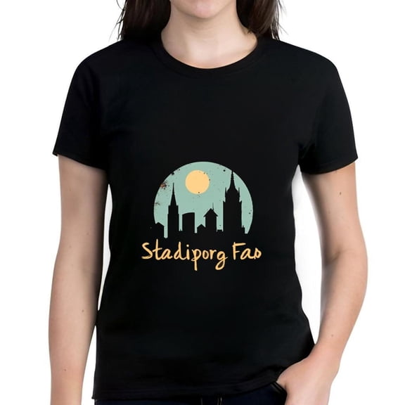 Vintage Artistic Women's Cotton Short Sleeve T-Shirt with City and Yellow Moon Design - " Stadioporg Fau " Graphic Tee