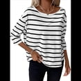 thumbnail image 3 of Camisetas de 3/4 para Mujer, Camisas A Rayas con Cuello , Camisetas de Algodón Francés Negro XL, 3 of 9