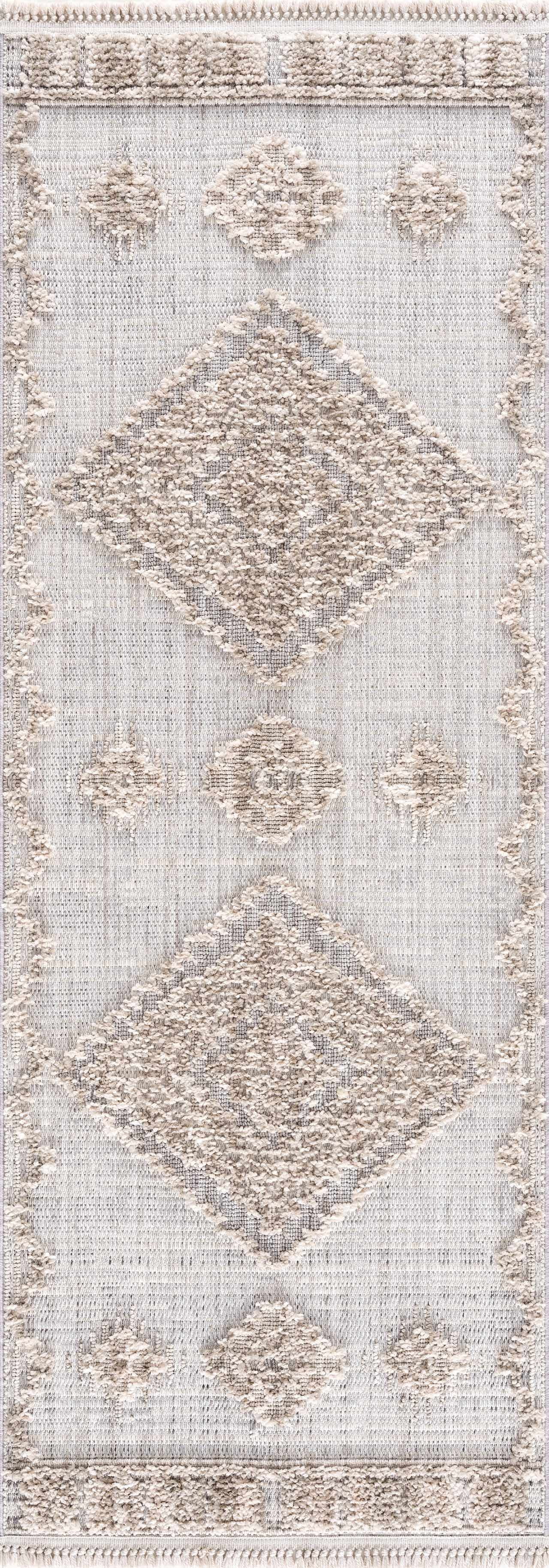 Hauteloom Ampusungan Modern Moroccan Medallion Farmhouse Hallway, Entryway Runner Rug - High Low - High Pile Long Carpet - Cream, Beige, Brown, Beige - 2'7" x 7'3"