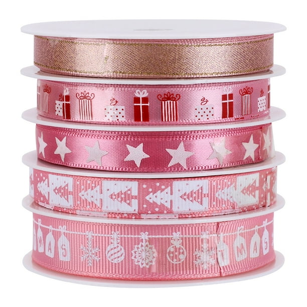 5 rollos de cinta navideña de 25 m de largo, ideal para envolver regalos navideños y manualidades (rosa).