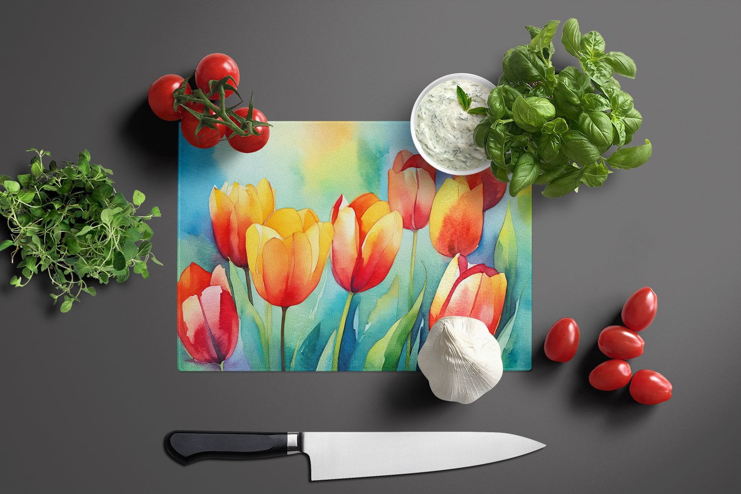 Tulips in Watercolor Glass Cutting Board Large 12 in x 15 in